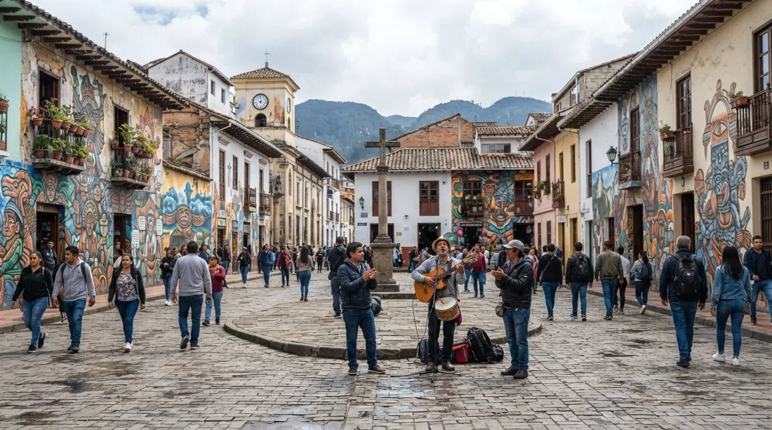 Chorro de Quevedo en La Candelaria de día, plaza triangular adoquinada, paredes con murales, fachadas coloniales y algunos músicos callejeros bajo un cielo bogotano fresco