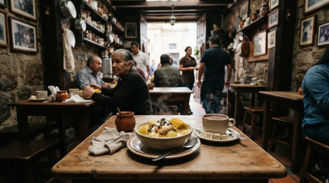 el interior estrecho de La Puerta Falsa cerca de la catedral, un plato humeante de ajiaco santafereño y una taza de chocolate completo con queso en una mesa pequeña