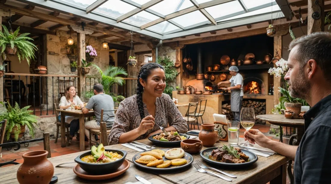 Patio colonial restaurado de Prudencia con techo de vidrio, elegantes platos de degustación sobre la mesa y cálida luz de cocina de leña en La Candelaria