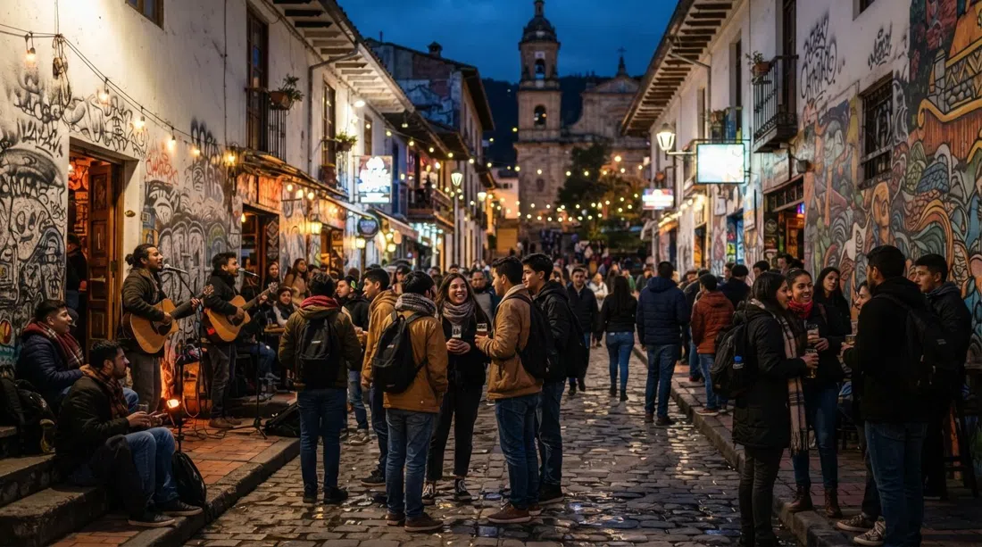 atardecer en el Chorro de Quevedo y el Callejón del Embudo, paredes con murales, estudiantes reunidos cerca de pequeños bares, músicos callejeros y cálida luz de calle sobre los adoquines