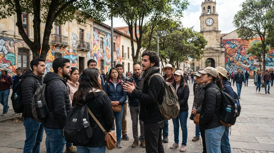 grupo del Bogotá Graffiti Tour en el Parque de los Periodistas, guía hablando bajo los árboles con vívidos murales políticos y fachadas coloniales cercanas