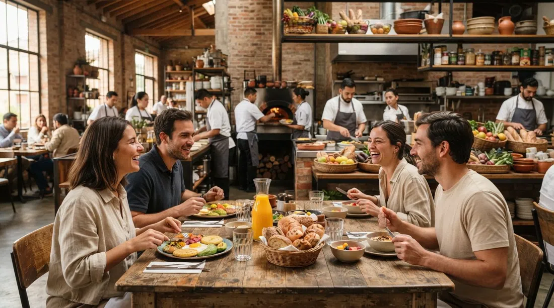 Interior de Abasto, una cocina abierta en un antiguo depósito de granos con canastas de pan casero, jugos frescos y una mesa de brunch de fin de semana con luz matutina cálida