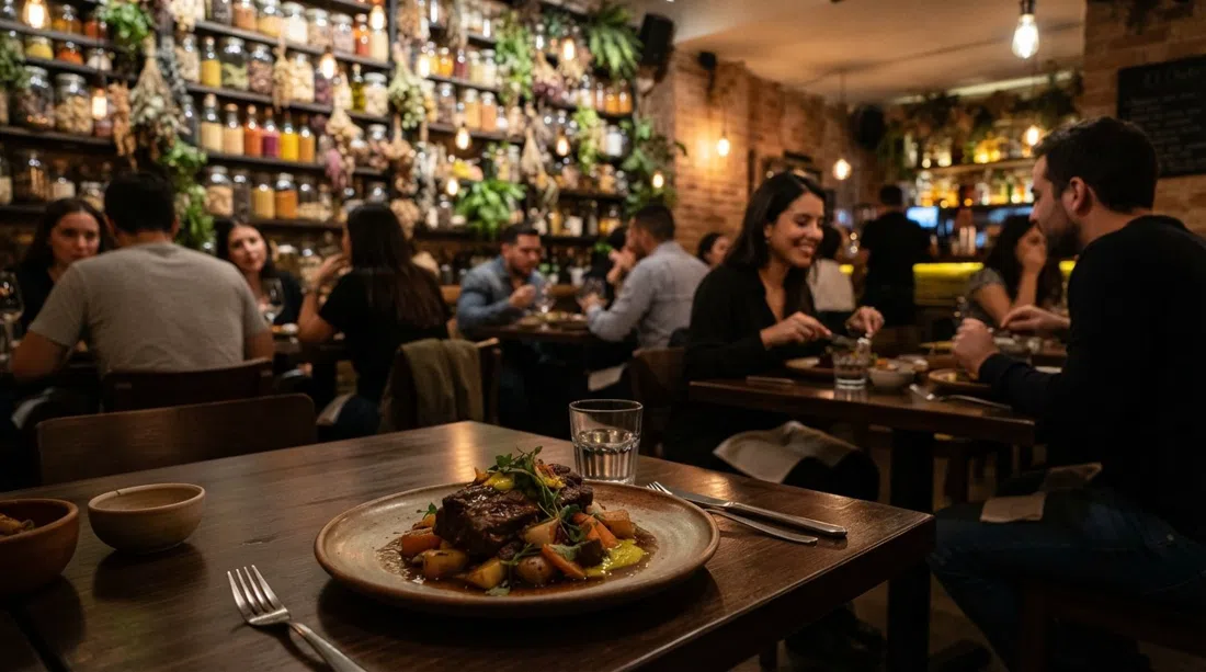 el comedor de abajo en El Chato en la Calle 65 #4-76, mesas tenues, pared de especias y un plato colombiano contemporáneo en primer plano