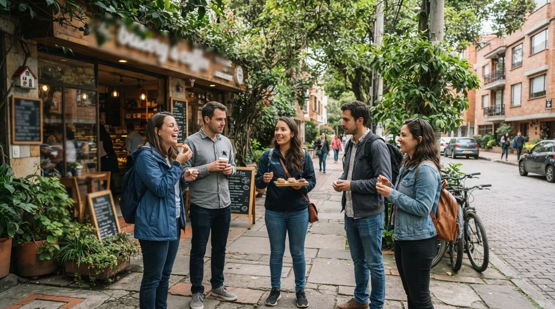 una parada de un tour gastronómico guiado por la Zona G frente a una panadería y cafetería, con invitados haciendo una pausa en una calle arbolada de Chapinero