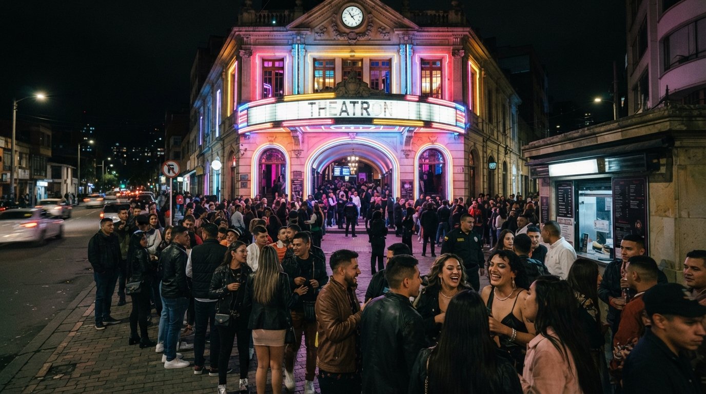 Theatron’s entrance on Calle 58 at night, neon glow and a crowd gathering outside the former theatre before the Saturday drag show