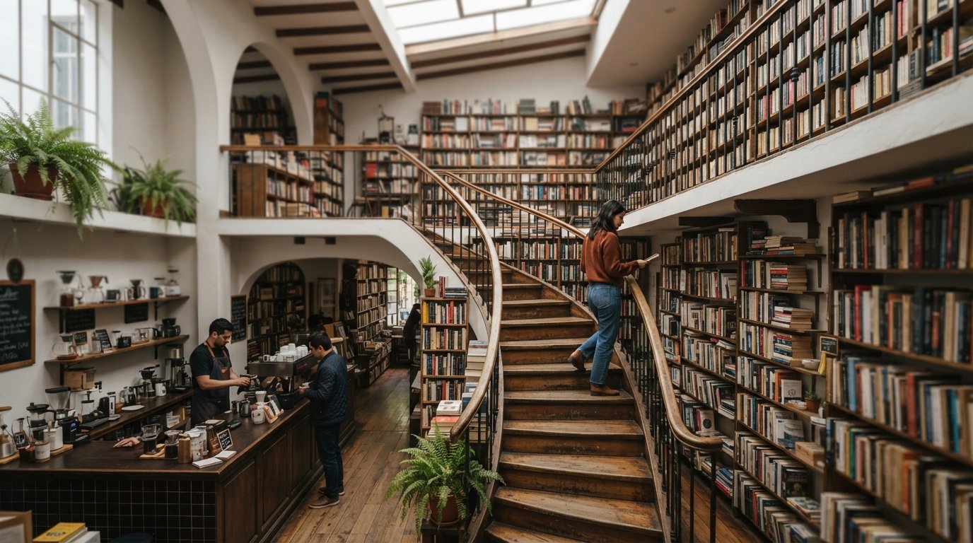 inside Librería Wilborada 1047, three floors of books in a preserved 1943 house with the Café Cultor counter visible on the ground level