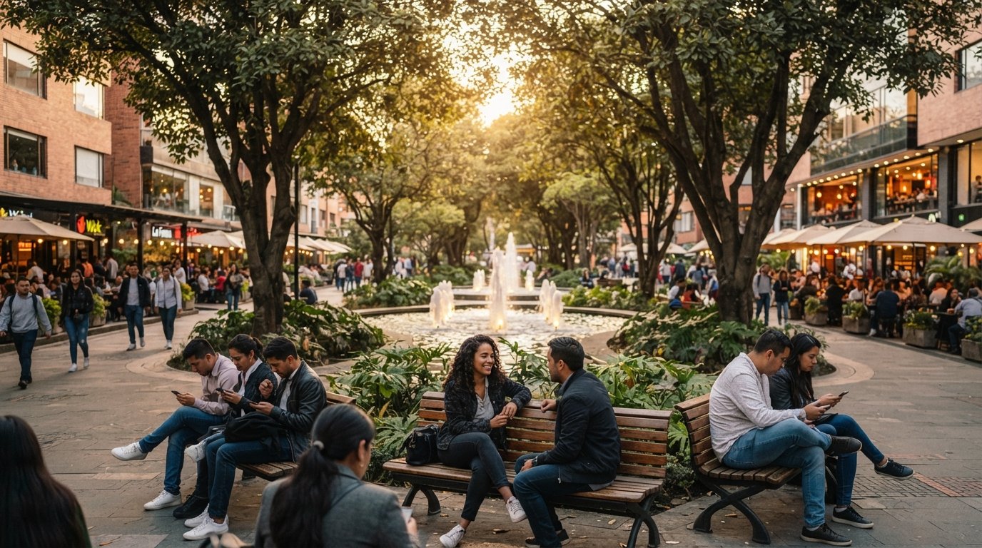 Parque de la 93 at golden hour, ficus trees and fountains framed by restaurant terraces and office workers on the benches