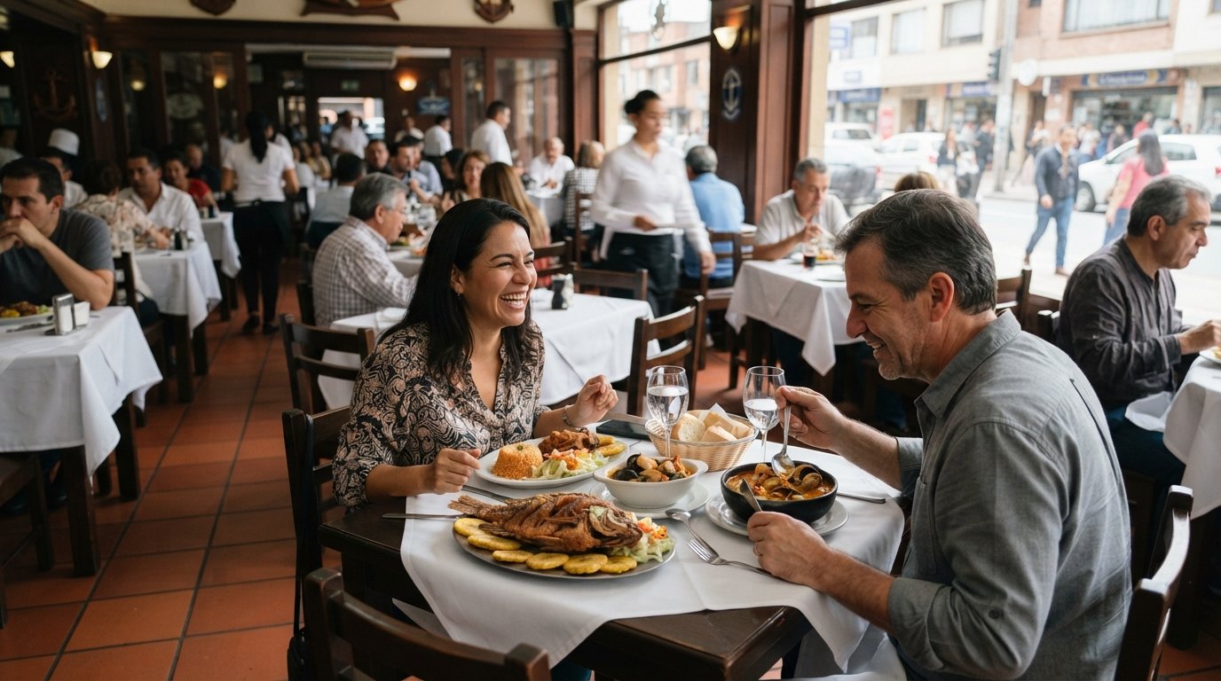 Pesquera Jaramillo’s dining room with classic seafood plates on white tablecloths, a busy lunch service and daylight from the street