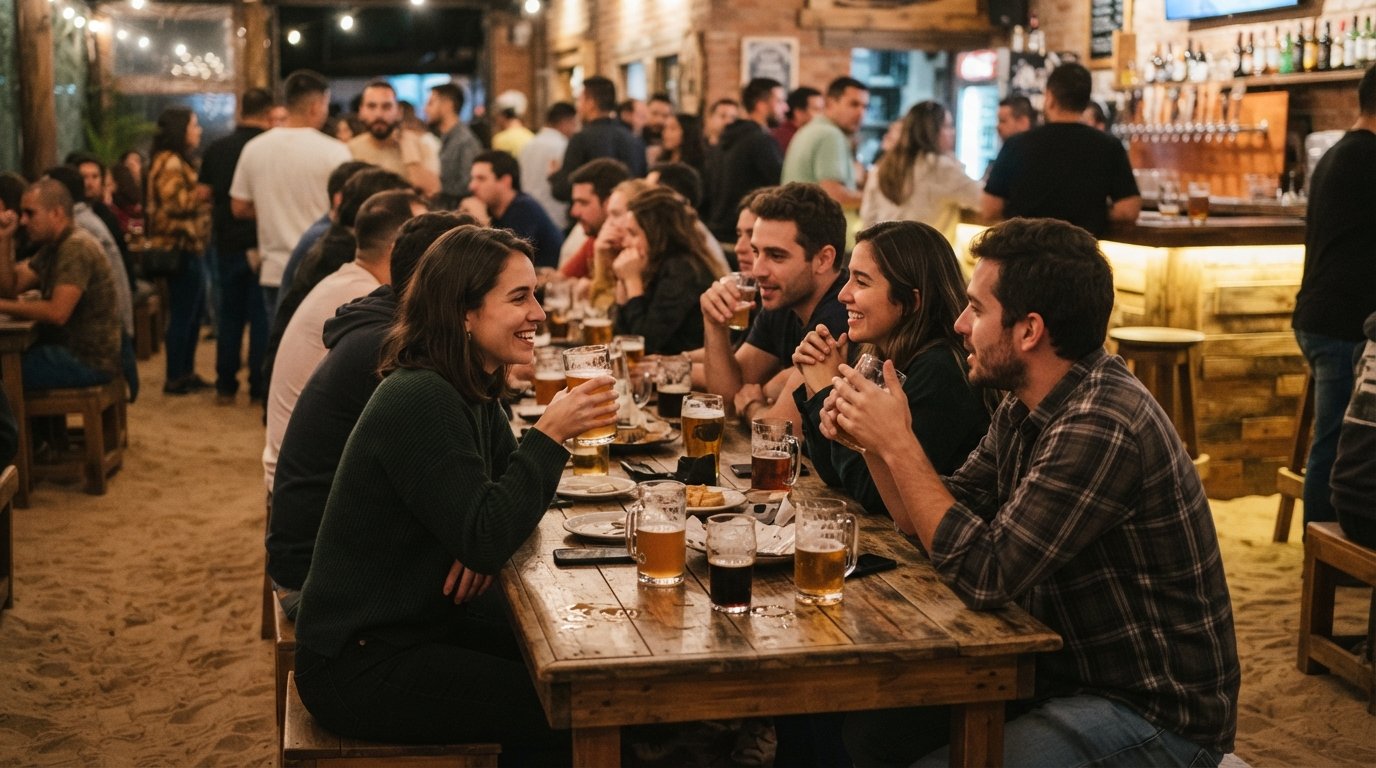 El Mono Bandido La 93 with its sand floor, communal tables crowded after work and craft beer glasses catching warm indoor light