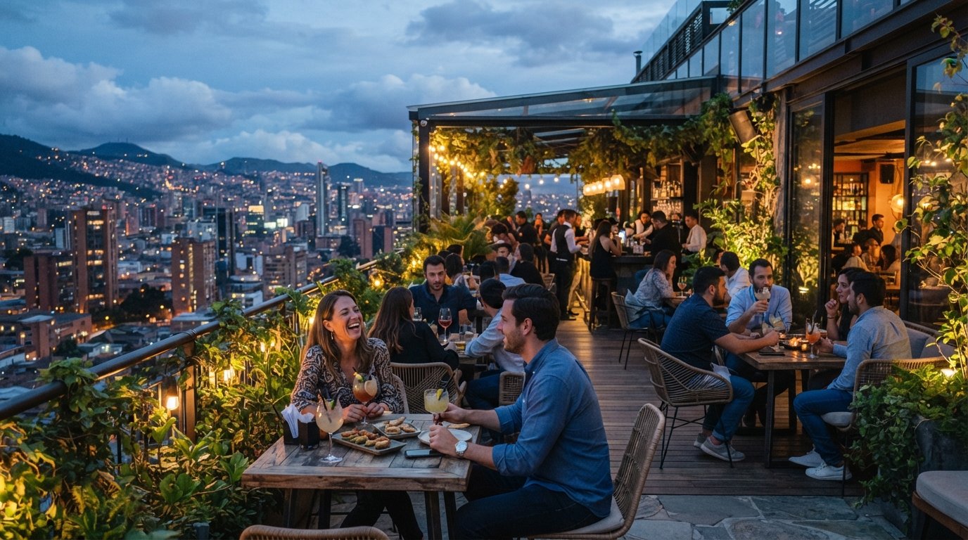 Vista Corona on the 11th floor of Salvio Parque 93, indoor-outdoor seating with greenery, skyline views and evening cocktail service