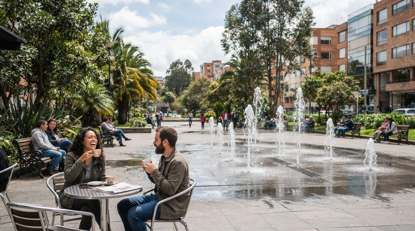 Parque de la 93 in daytime, fountain jets, shaded benches and a small art installation with people lingering over coffee